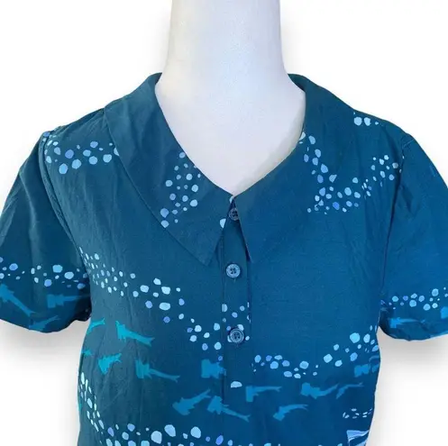 Modcloth  Blue Button Front Short Sleeve Shirt Aquatic Shipwreck Shark Collared