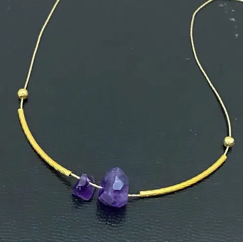 Amethyst Natural Raw Pendant Magnetic Clasp Gold-tone Skinny Chain Necklace