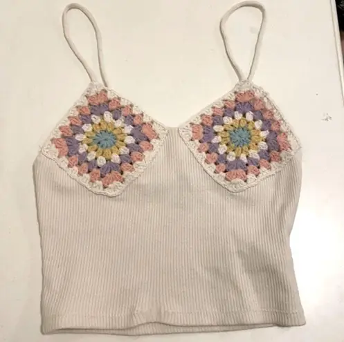 ZARA  Granny Square Crochet Ribbed Knit Cropped Camisole, women’s XS/S. Cream NWT