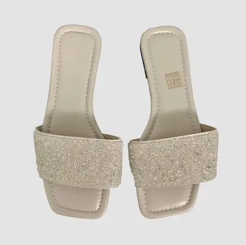 Cream Nude Glam Sparkle Rhinestone Embellished Slide Sandals EU 39 / US 8.5 Gold