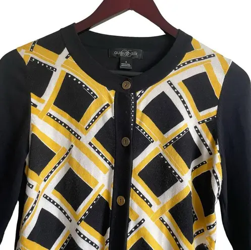 August Silk Women Cardigan Sweater S Navy Yellow Geometric Print Preppy Academia