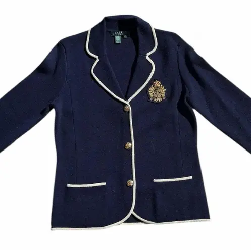 LAUREN RALPH LAUREN Wool ROYAL NAVY BLUE CREST COAT OF ARMS CARDIGAN SWEATER PM Size undefined