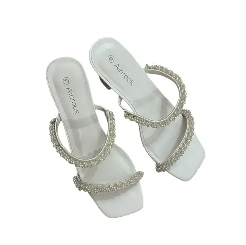Ainrock White Beaded Pearl Women’s Square Toe Slip On Chunky Block Heel Sandals