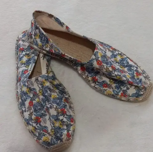 Soludos Multicolored Floral Leaf Print Canvas Jute Slip On Flat Espadrilles
