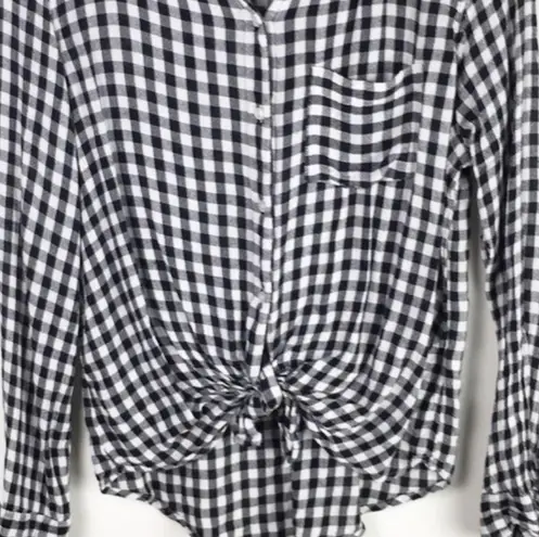 Abound NWT  Plaid Long Sleeve Tie Front Knot Tee Check XS Gingham Black White