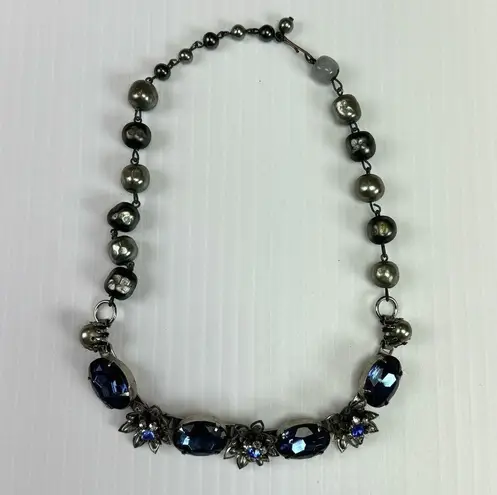 Vintage Blue  Rhinestone Floral Choker Necklace