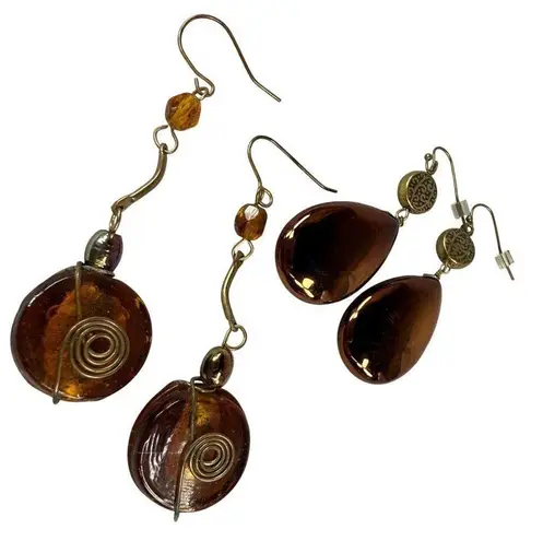 Vintage Boho Copper Amber Glass Teardrop Pierced Spiral Earrings Set Fall Colors Brown