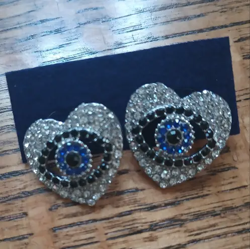 Pair of Evil Eye Heart Shaped Rhinestone Stud Earrings in Silvertone Nwt Blue