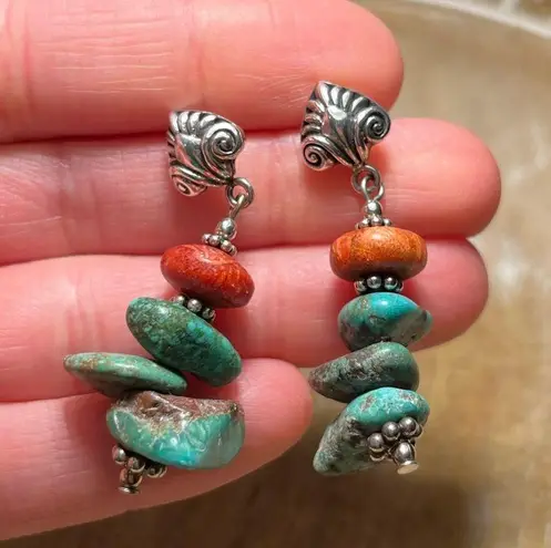 Sterling Silver Turquoise & Coral Stone 925 Dangle Earrings