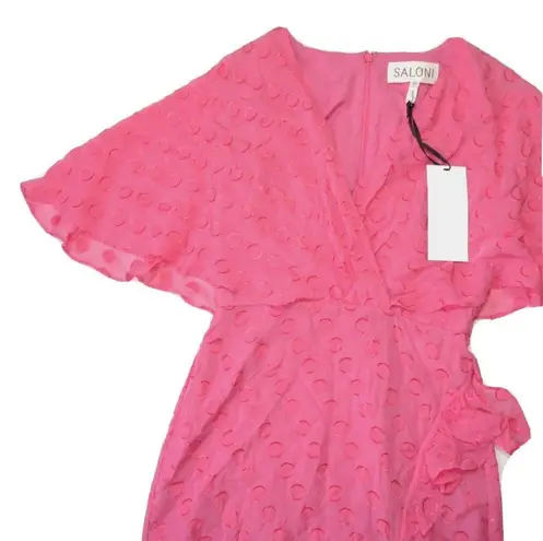 NWT SALONI Rose in Watermelon Pink Jacquard Polka Dot Silk Blend Ruffle Dress 0