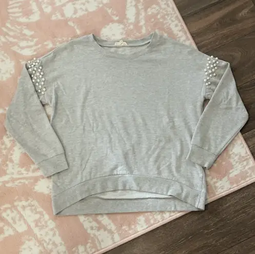 Ultra Flirt Pearl Embellished Crewneck Pullover- Light Gray