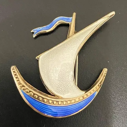 intage Ivar T Holth Norway 925 Sterling Silver Guilloche Enamel Sail Boat Brooch Blue