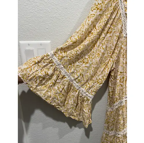 Free People  Mustard Floral Print Baby Doll Blouse