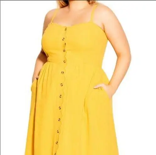 City Chic Yellow Sleeveless Scallop Button MIDI Dress Plus Size XSmall NWT