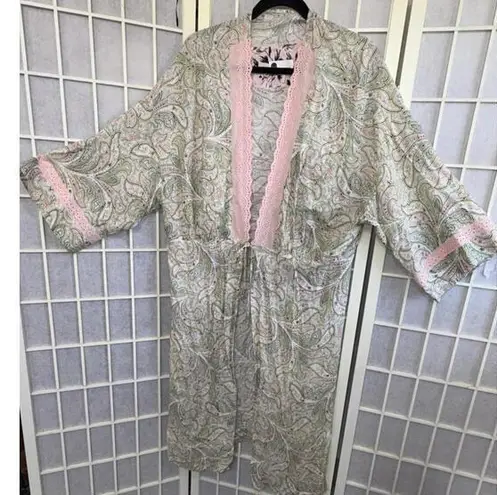 Anthropologie Floreat Floral Kimono Empire Waist Robe Tie Duster Lounge Lace Med