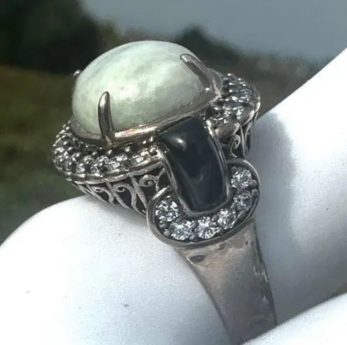 Sterling Silver Celadon Jade & Black Onyx CZ Filigree Ring