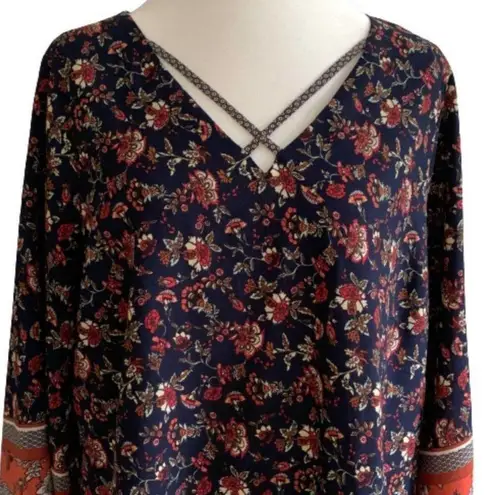 Love Riche Love Richie Dress Tunic Navy Orange Mixed Floral Print Wide Sleeve Plus Size 1X