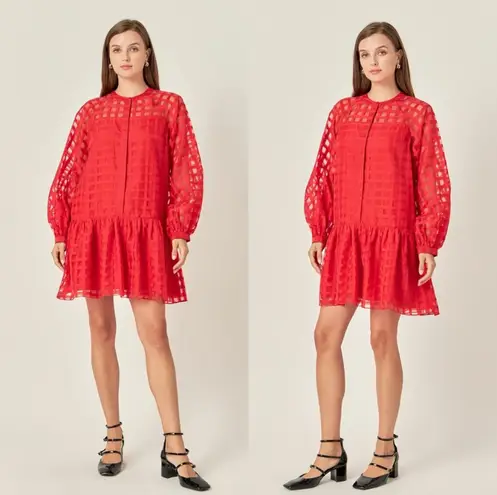 English Factory Women's Check Organza Buttoned Long Sleeves Red Mini Dress