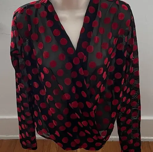 ZARA  Trafaluc red dots black sheer open front boho long sleeve blouse, size S