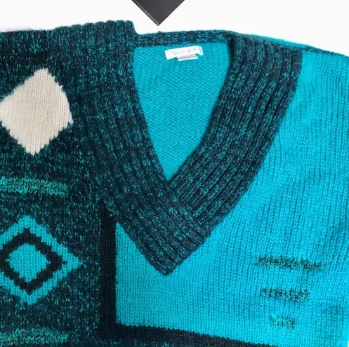 Vintage 80s 90s Susann D V Neck Sweater Blue Green Teal Abstract Geometric Knit Multiple Size M