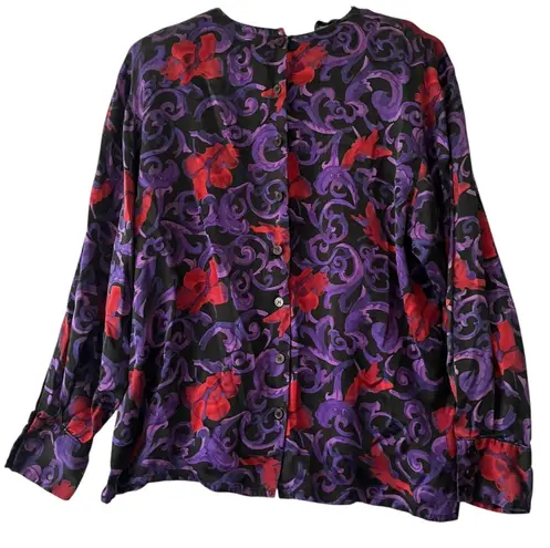 Vtg Private Collection Marshall Fields Floral Swirl Print Silk Blouse Sz 14 Black
