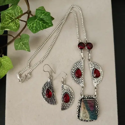 Silver Plate Chain Necklace with Red Onyz and Ruby in Fuchsite Pendant Earrings