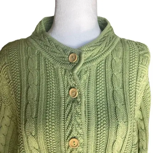 LL Bean Wood Button Cable Knit Sweater Cardigan Sage Green Womens Size XL