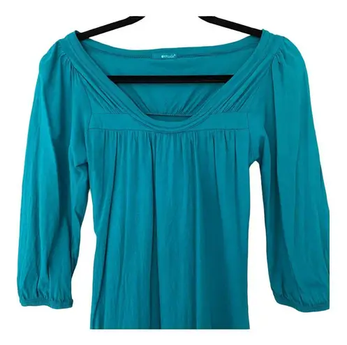 LA Made  Teal Green Blue Cotton V-Neck 3/4 Sleeve Pleated Peasant Tunic Size Small