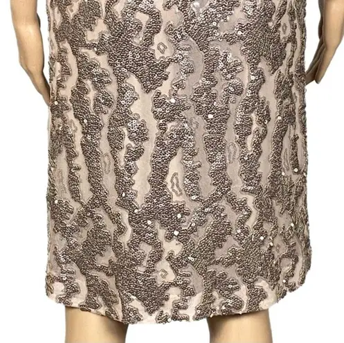 Sue Wong  Champagne sequined square neck sheath dress with stretch. Size 6. EUC