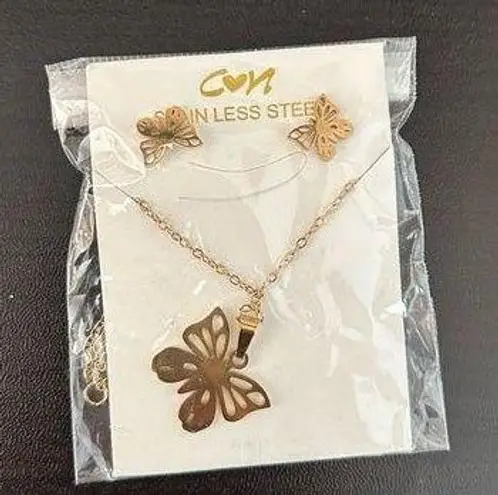gold butterfly necklace and earring set
