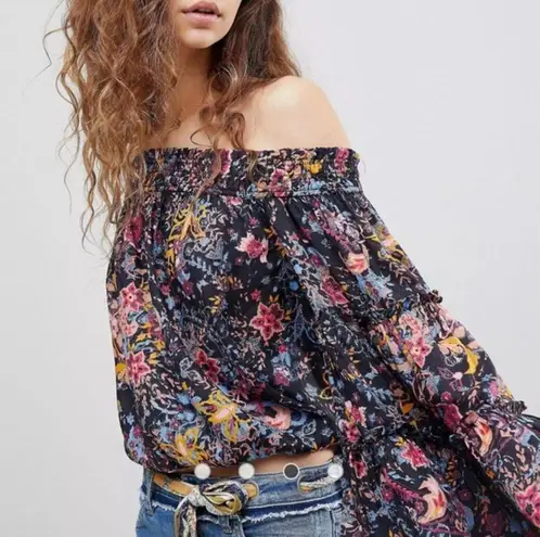 Free People Free Spirited Off The Shoulder Top Bell Sleeve Boho Floral Blouse XS