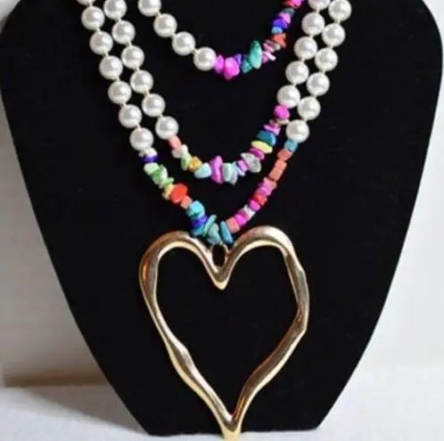 Boho Funky Statement Heart Gold Tone Colorful Stacked Stone Faux Pearl Necklace