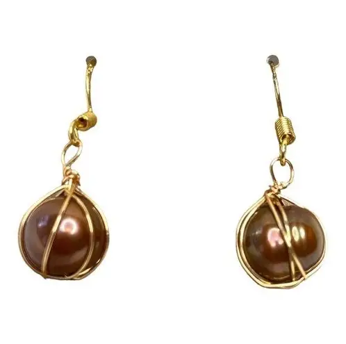 Hand Crafted Women’s Gold Wrapped Dangle Genuine Copper Pearl Pierced Earrings