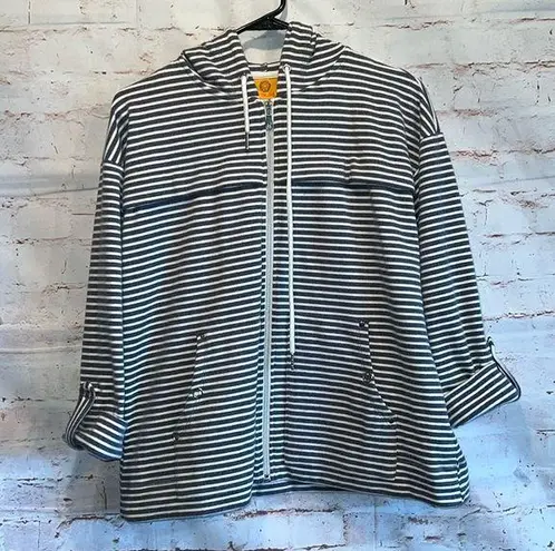 Ruby Rd Ruby Road Jacket Women Petite Small PS Charcoal Grey White Striped Full Zip Hood