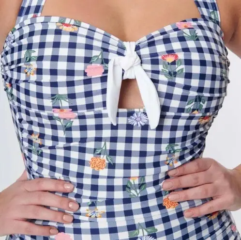 Unique Vintage Navy Gingham Floral Halter Tie Romper Style Swimsuit Sz.S/4 NWT