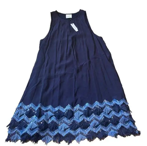 Maeve $168 Anthropologie Festivity Swing Dress BLUE Size 12 Fringe Sequins NWT