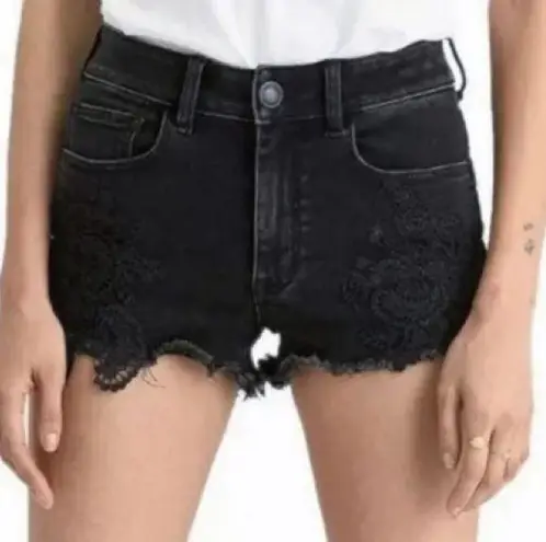 American Eagle  Super Super Stretch Hi-Rise Shortie Black Denim Crochet Size 00