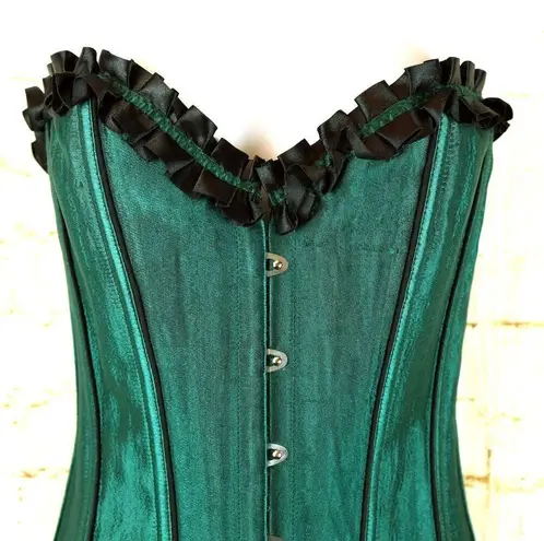 Overbust Corset Womens L Green Satin Black Trim Boned Halloween Cosplay Goth Size L