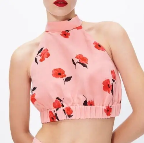 ZARA  Floral Linen Blend Backless Halter Crop Top Sz XS