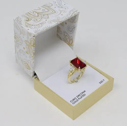 Charter Club Emerald Cut Red Crystal Gold Plated CZ Ring 9