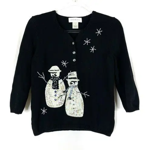 Susan Bristol  | Black Cotton Sequin Snowman Henley 2/3 Sleeve Sweater M