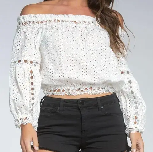 Elan Aria White Eyelet Off The Shoulder Cropped Top Small NWT
