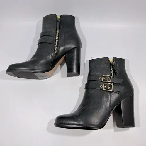 G.I.L.I. Addison Black Leather Ankle Boots Gold Buckle Zipper Block Heel 8M Size 8