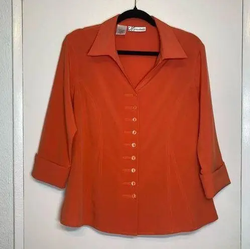 Dress Barn  Vintage Y2K Orange Retro Stretchy Button Up Mod Diner Blouse Size L