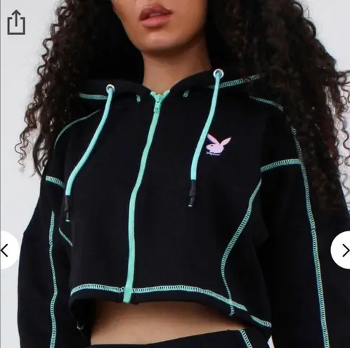 Playboy NWT  x Missguided Black Zip Through Contrast Stitch Cropped Hoodie