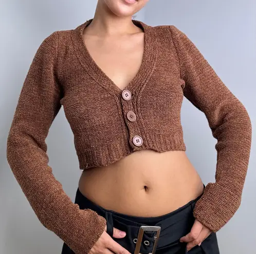 Urban Outfitters Brown Chenille Cropped Button Down Cardigan