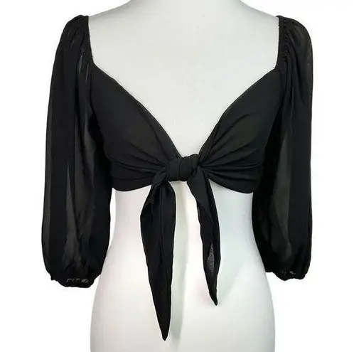 PaperMoon Black Front Tie Shirred Sheer 3/4 Sleeve Crop Top Small New