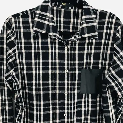 Maje Majé Grunge Leather Trimmed Black & White Plaid Flannel Shirt Size Large 12/14