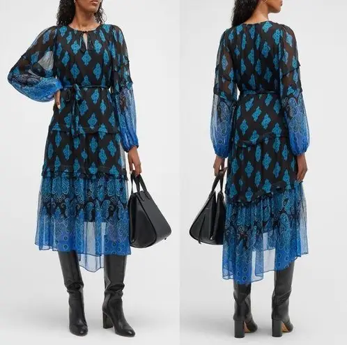 5|48 NWT Kobi Halperin Connor Printed Midi Dress, Black Blue Size XXL New w/Tag $