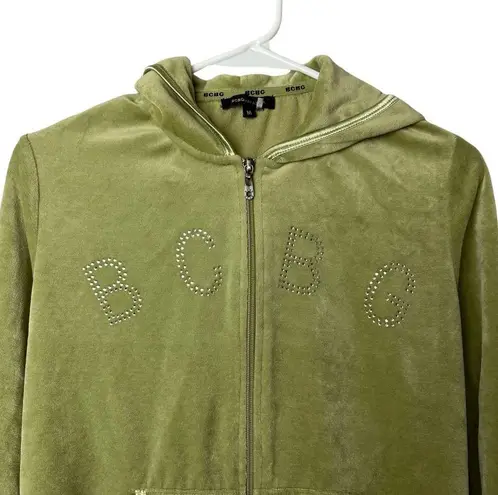 BCBG MAXAZRIA Green Velour Zip Up‎ Sweater Y2K Velvet Hoodie Sz Medium